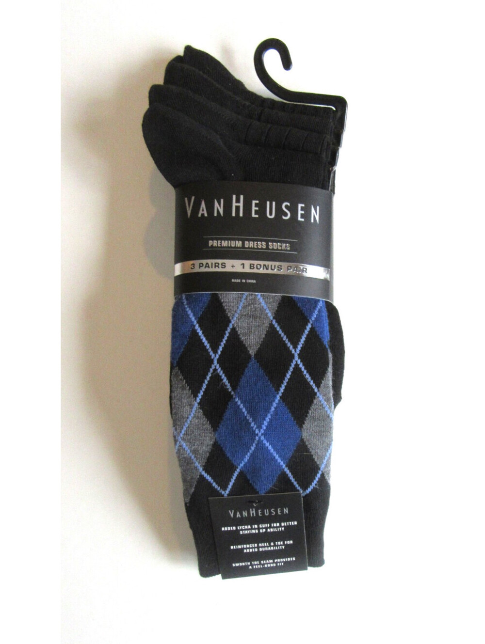 Van Heusen Premium Crew Dress Socks Black & Blue Argyle /Black Ribbed 4 Pack NWT